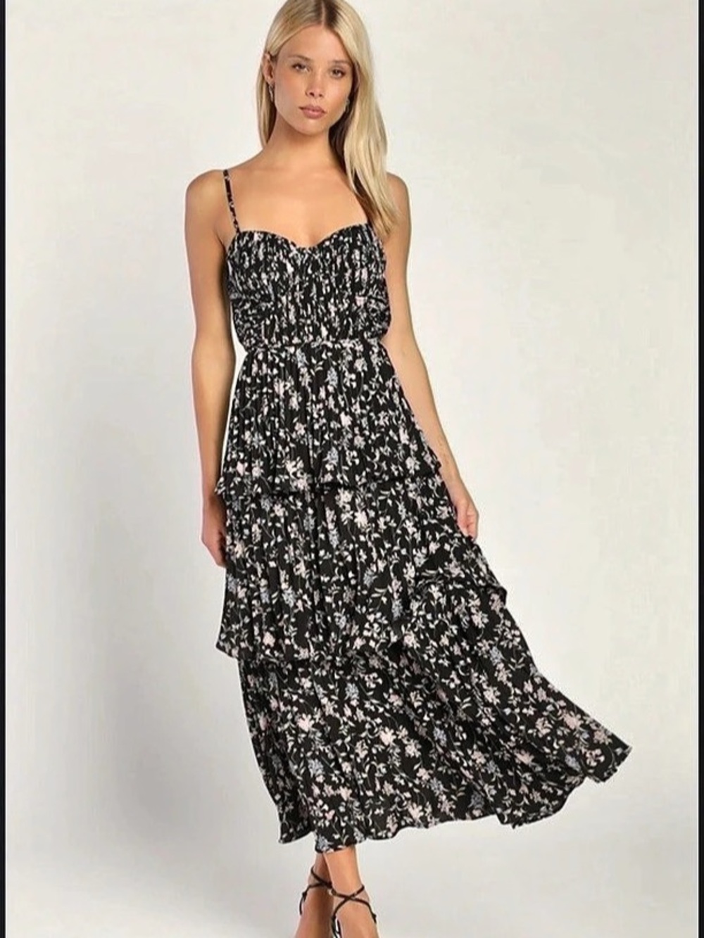 Lulus Cascading Crush Floral Print Tiered Bustier Maxi Dress in Black